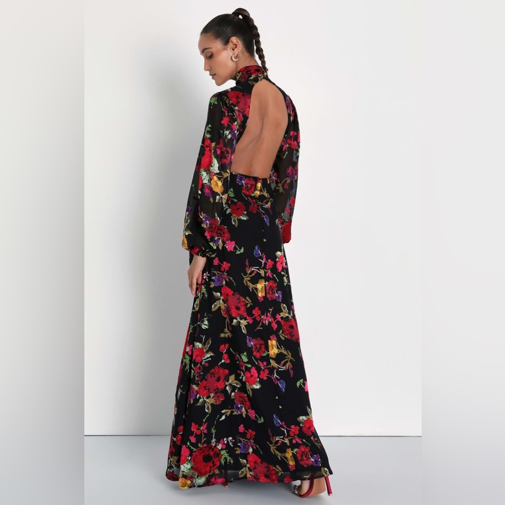 NWT Lulus Graceful Arrival Black Floral Burnout Backless Maxi Dress XL - Picture 2 of 12